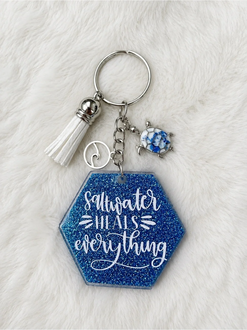 Blue Glitter 'Saltwater Heals Everything' Hexagon Keychain